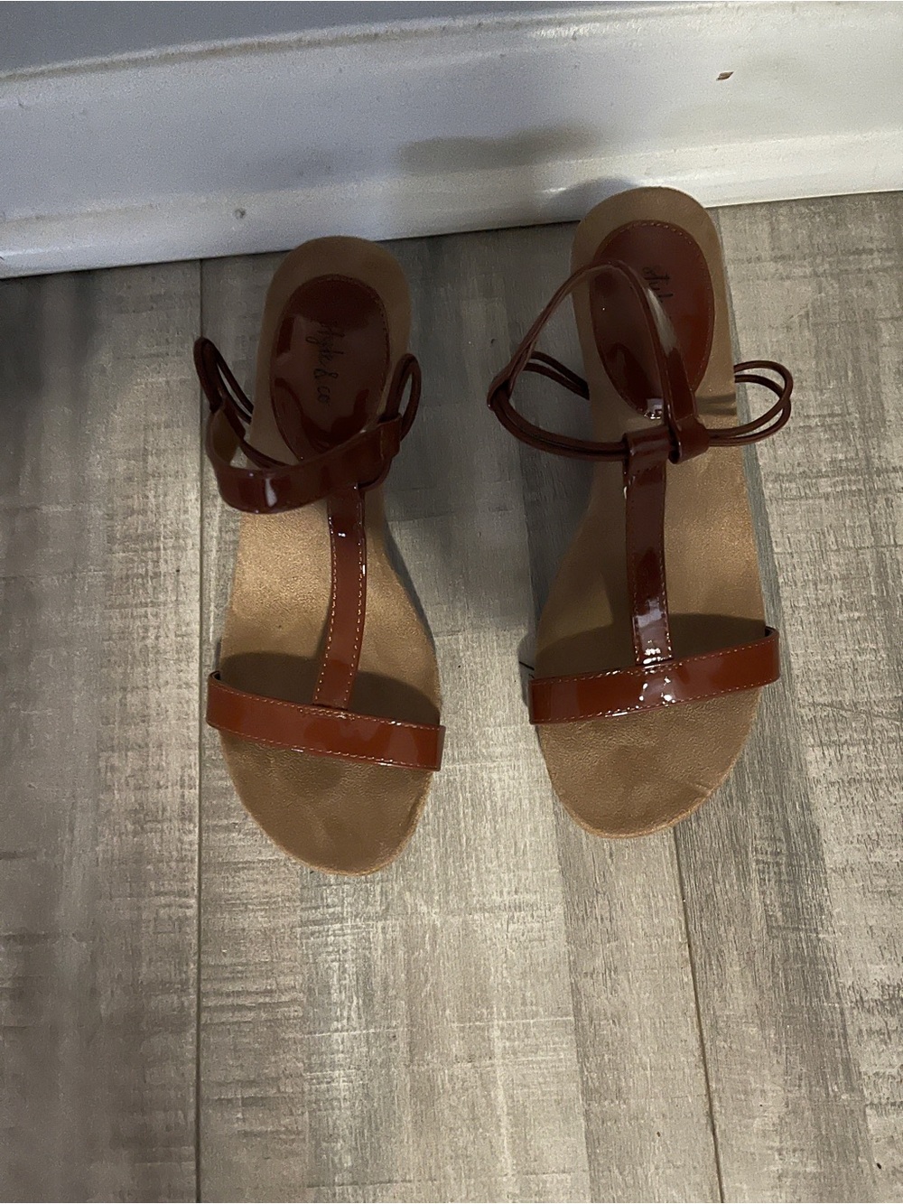 Style & Co. Patent T‑Strap Sandals in Brown